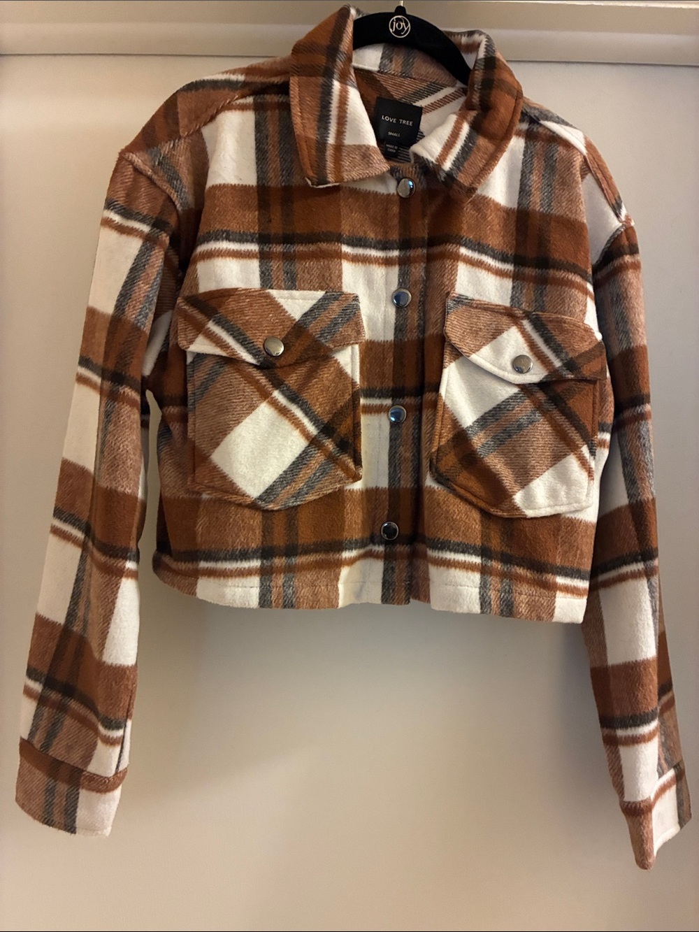 Love Tree Brown and Cream Plaid Cropped Shacket